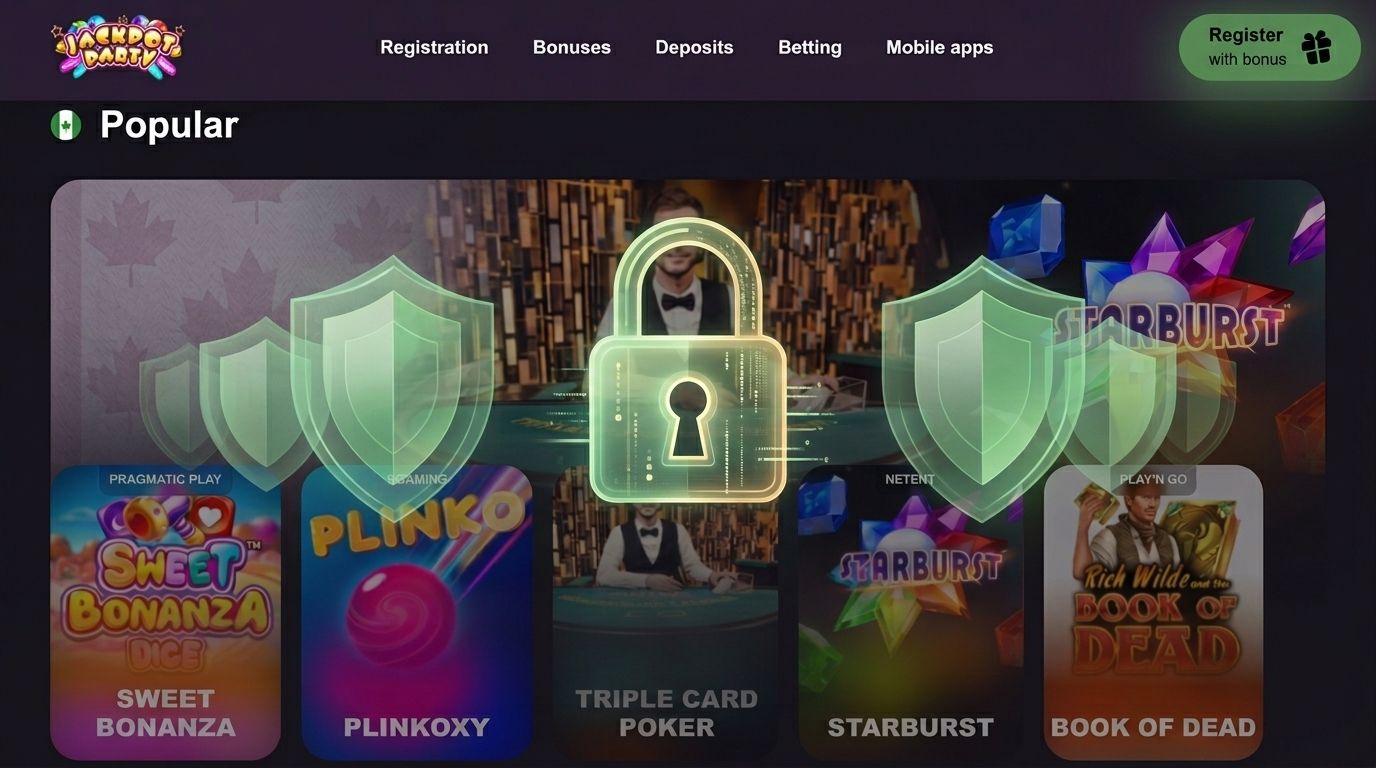 A casino lobby overlaid with shield and Canadian elements